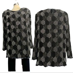 DESIGNER Lux Elegant Black and Grey Embellished Beaded Long Sleeves Top Size X L